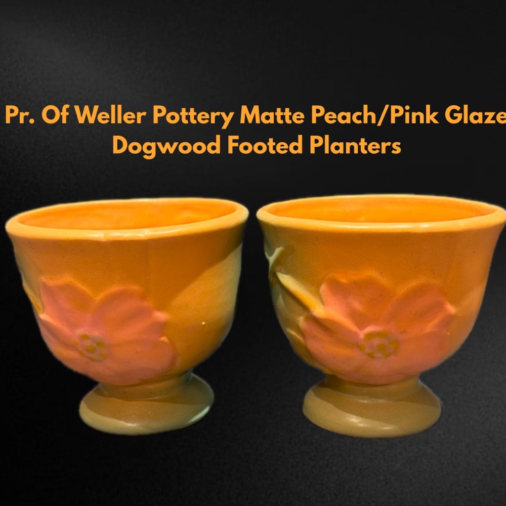 Pr. Of Weller Pottery Matte Peach/Pink Glaze Dogwood Footed Planters